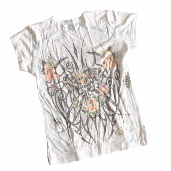 new Go Jeans Couture ❃ Edgy Tattoo Floral Print Crystal Tee T Shirt ❃ White ❃ - Picture 6 of 9